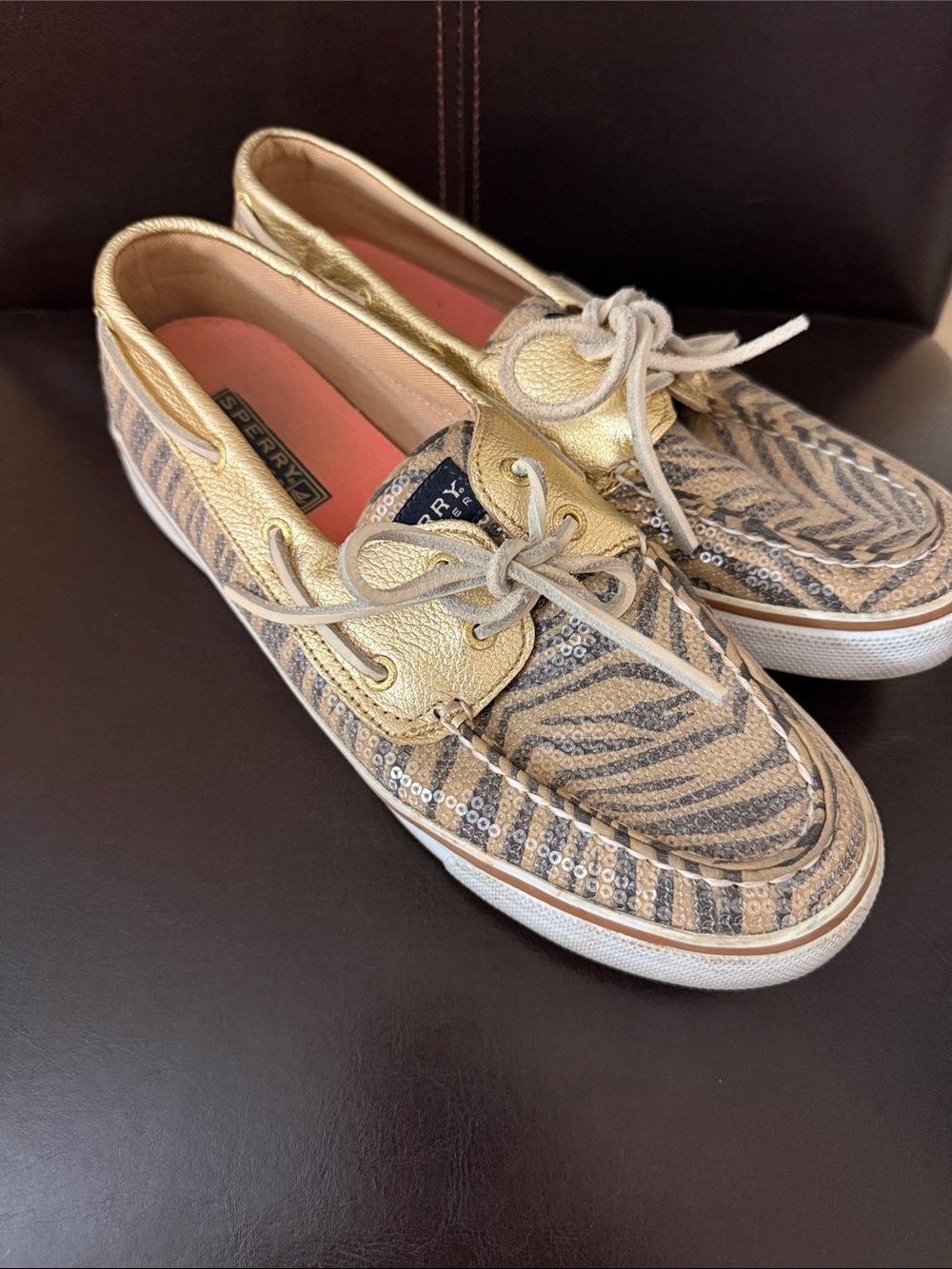 Sperry Gold Zebra-Striped Sequin Boat Shoes